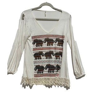 JC Fits S Top Cream Elephants Bead Crochet Slit Sleeve Boho Safari Travel Glam